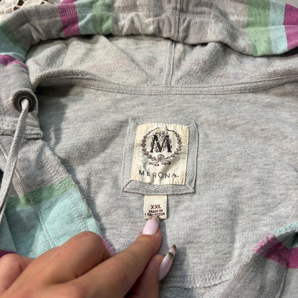 Y2K Striped Preppy XXL Striped V-Neck Hoodie Cotton French Pullover Grey Multi - Picture 2 of 6
